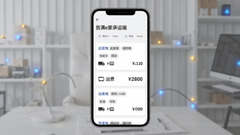 手机应用货源列表页面展示,主体为一部竖屏手机与清晰的货源卡片列表,布局为手机居中、四周留白,排版上下分布标题与筛选栏,风格简洁科技感界面展示,细节包含“货满e家承运端”标题、出发地与目的地标签、车型图标、运费数字,画质高清干净无多余元素