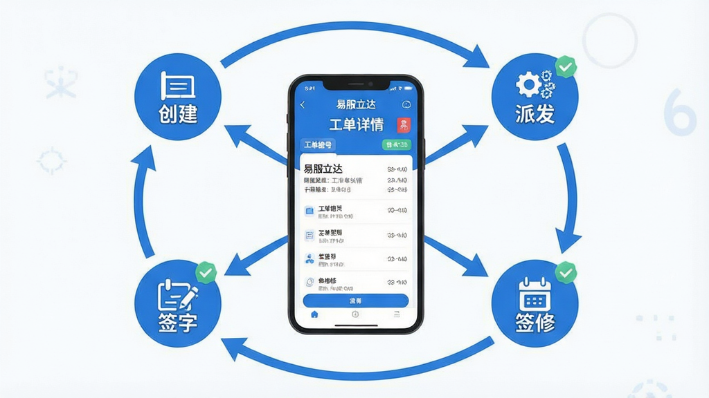 一张展示工单流转流程的扁平化信息图风格图片,画面中央为手机屏幕中的“易服立达”工单详情页,四周环绕创建、派发、签到、维修、签字、归档六个流程节点图标,节点之间以箭头串联形成闭环,布局为中心放射式排版,风格为清爽蓝白配色商务插画,细节包含工单编号标签、时间戳小字、状态徽章,画质清晰干净,画面无杂乱装饰元素