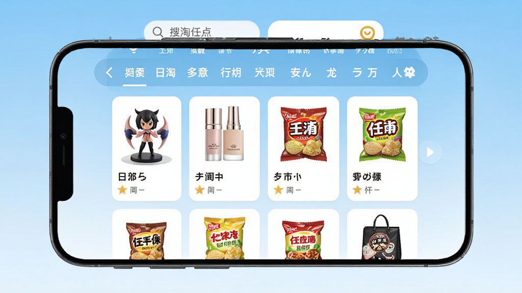 一张展示日淘任意门应用界面的手机屏幕截图,画面中央是应用首页,上方有搜索框和分类导航,下方排列着日本商品卡片,包含手办、美妆、零食等缩略图,背景为浅蓝色渐变,风格简洁现代,细节清晰,画质干净,无多余元素
