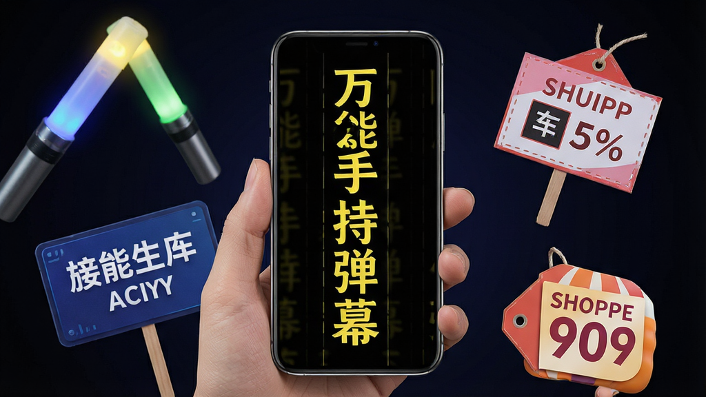 画面中央一部智能手机竖屏显示,屏幕呈现黑底黄字的滚动弹幕效果,文字内容为“万能手持弹幕”,手机周围环绕着演唱会荧光棒、接机牌、店铺促销标签等场景元素,背景为深色渐变,整体风格现代科技感,排版简洁居中,细节清晰,画质高清,干净无多余元素