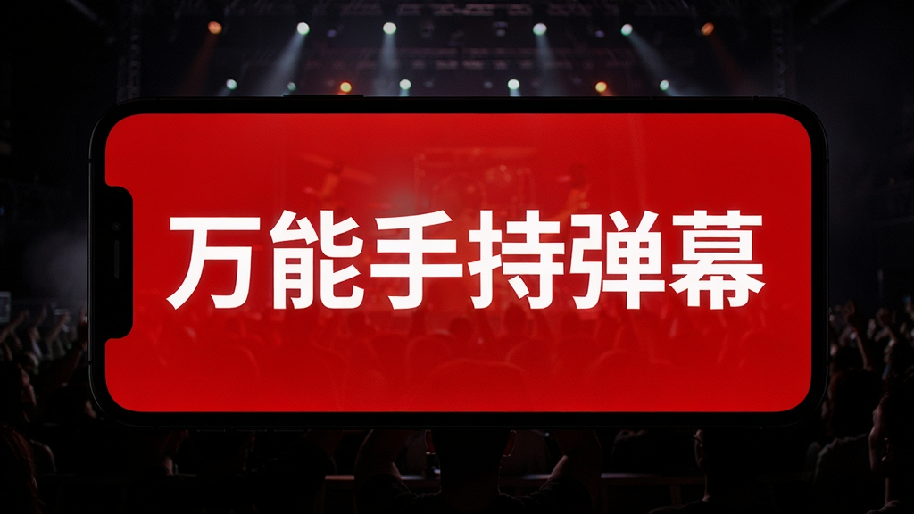 一部手机横屏全屏显示红色背景白色大字“万能手持弹幕”,屏幕亮度突出,周围为暗色演唱会现场氛围,画面风格写实,布局以手机屏幕为视觉中心,细节表现屏幕发光质感,画质清晰,干净无多余元素