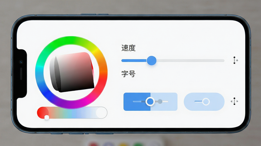 手机屏幕界面展示万能手持弹幕的参数调节面板,包含颜色选择器、速度滑块、字号调节按钮等UI元素,界面风格清爽扁平化,布局规整,细节清晰,画质高清,干净无多余元素
