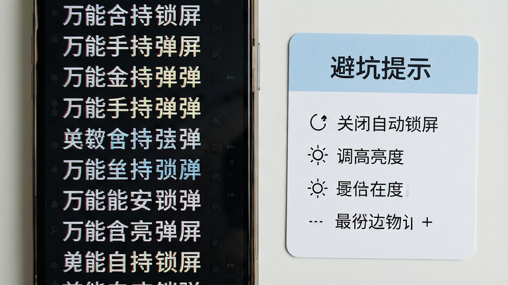 一部手机屏幕显示万能手持弹幕的全屏滚动文字,旁边放置一份简洁的避坑提示卡片,卡片上标注“关闭自动锁屏”“调高亮度”等要点,整体风格清新实用,布局左右分栏,细节清晰,画质高清,干净无多余元素