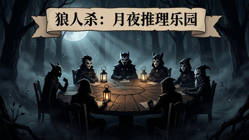 主体为暗夜森林中的圆桌会议场景,布局中央放置一张木质圆桌,周围环绕多个神秘角色剪影,排版上方留出标题区域,风格为暗黑奇幻插画,细节包含月光、雾气、提灯与角色面具元素,画质高清,画面干净,无多余元素,图片中打文字“狼人杀:月夜推理乐园”