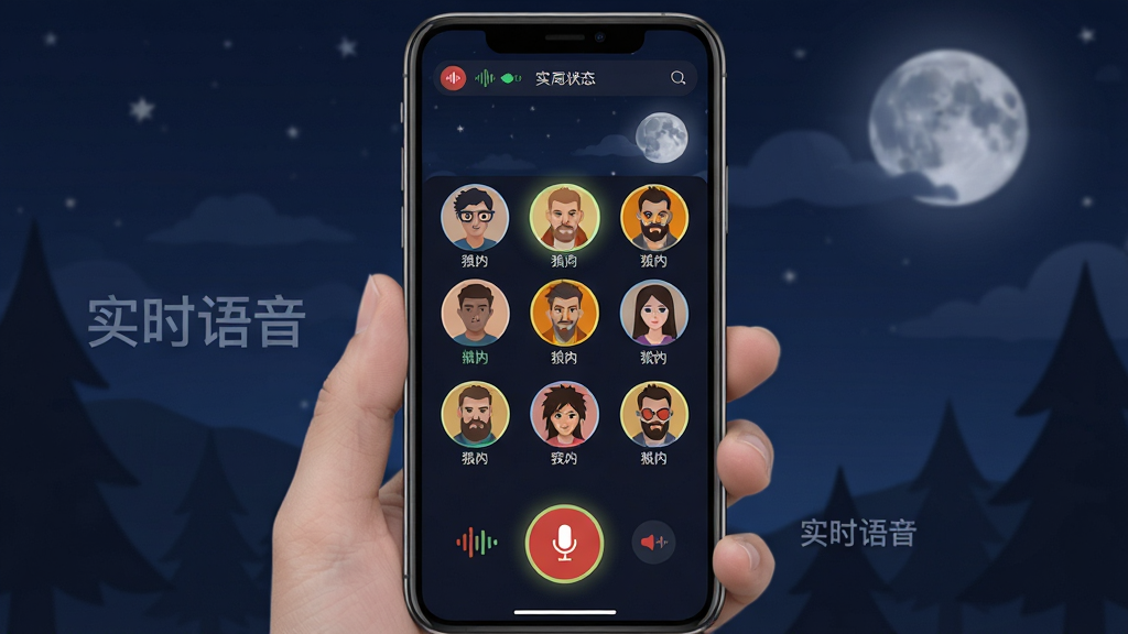 主体为手机屏幕中显示多人语音通话界面与狼人杀角色头像,布局为竖屏手游界面展示,排版上方为对局状态栏、中部为玩家头像网格、底部为麦克风按钮,风格为现代扁平化UI设计,细节包含声波图标、发言高亮光圈、夜晚月亮背景,画质清晰,画面干净,无多余元素,图片中打文字“实时语音”