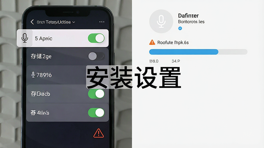 主体为手机屏幕展示游戏设置界面与权限管理页面,布局为左右分屏对比排版,左侧为权限开关列表、右侧为存储清理进度条,风格为简洁科技风UI,细节包含麦克风图标、存储空间数值、警告三角标志,画质清晰,画面干净,无多余元素,图片中打文字“安装设置”