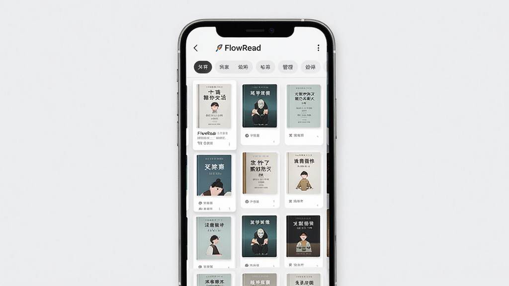 һ��չʾ��FlowRead��������ܹ��������Ч��ͼ���������ֻ���Ļ��ʾ����״�鼮��Ƭ�б���ÿ�ſ�Ƭ���������ͼ��׷���ͼ�꣬�����з���ɸѡ��ǩ����������ˬ���ţ��԰�ɫ��ǳ��ɫΪ��ɫ���������������򣬻���ϸ�壬�ɾ�����