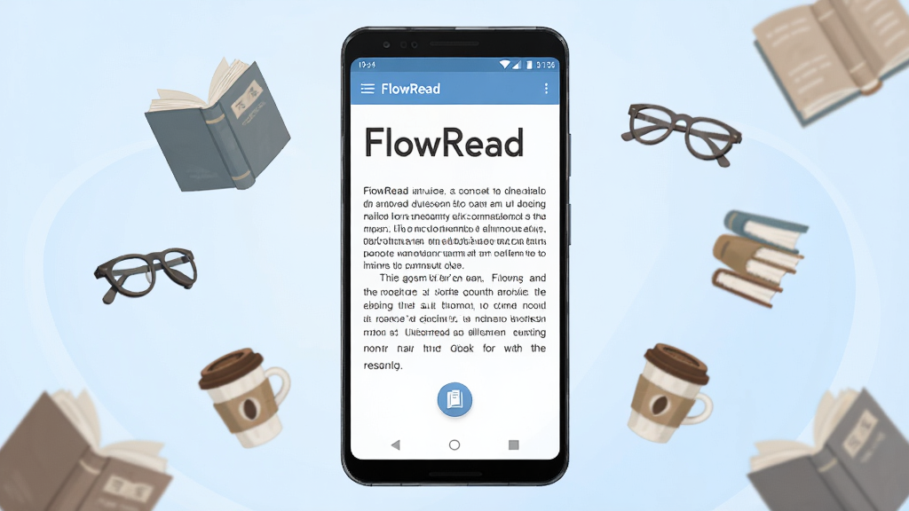 һ��չʾ�ֻ��Ķ������Ĳ廭������������һ��������׿�ֻ�����Ļ����ʾ��FlowRead���������棬�������������������Ű�ͷ�ҳ��ť���ֻ���Χ������Ư�����鱾���۾������ȱ����Ķ�Ԫ�أ�����Ϊ��͵�ǳ��ɫ���䣬���������¼�࣬���־��жԳƣ�ϸ�ھ��£����ʸ��壬�ɾ��޶���Ԫ��