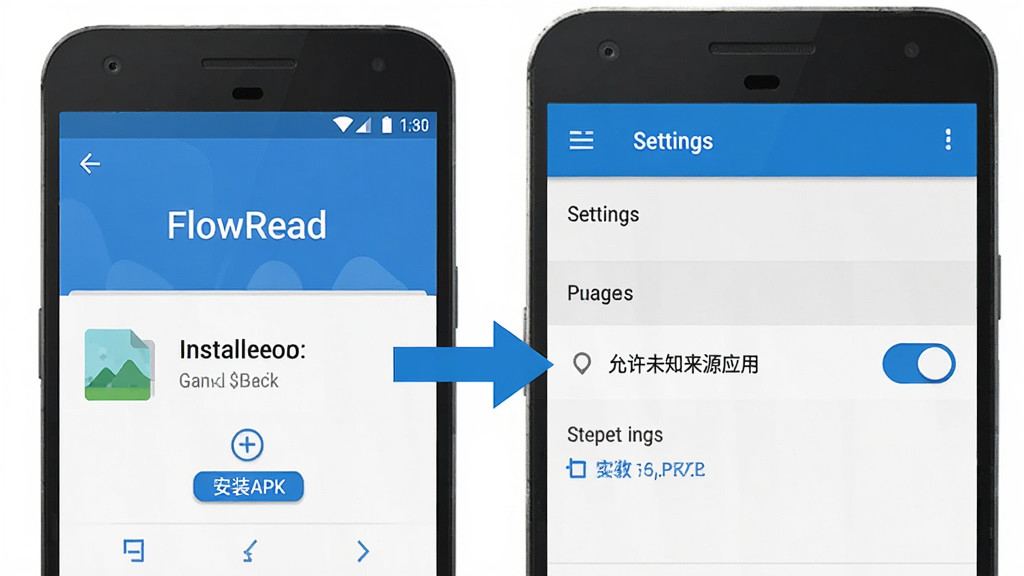 һ��չʾ��׿�ֻ���װAPK�ļ��Ĳ���ʾ��ͼ���������ֻ���Ļ��ʾ��FlowRead����װ���棬�Ա��м�ͷָ�������еġ�����δ֪��ԴӦ�á����أ�������Ϊ��ƽ����Ϣͼ����ɫ����ɫ�Ͱ�ɫΪ�������������ֲ�չʾ�����ʸɾ���������Ԫ��