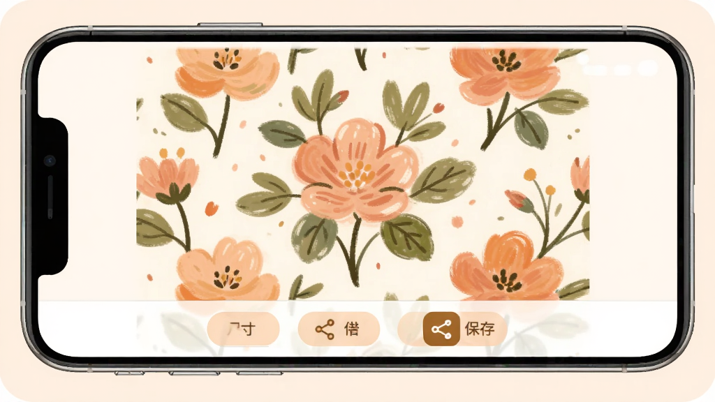 绘涂壁纸作品导出预览界面,画面主体为一张已完成涂色的花卉壁纸居中展示,下方排列尺寸选择按钮和保存分享图标,布局为上图下文,风格温馨柔和,细节包含手机边框模拟预览效果,画质清晰干净,无多余元素