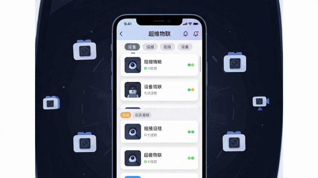 ��������Ϊ����ά������APP�Ķ��豸�������棬�ֻ���Ļ��չʾ�豸�б�������ǩ��ÿ���豸��������ͼ������״̬��ʶ���ֻ�������ɫ����ǰ����ΧƯ������С������ͷͼ�ꣻ����Ϊ����չʾ��ͻ����Ļ���ݣ����Ϊ��ƽ���Ƽ��廭��ϸ����ǿ���б��Ĳ�θ���״̬��ʶ�������ȣ����ʸ��壬�ɾ����޶���Ԫ��