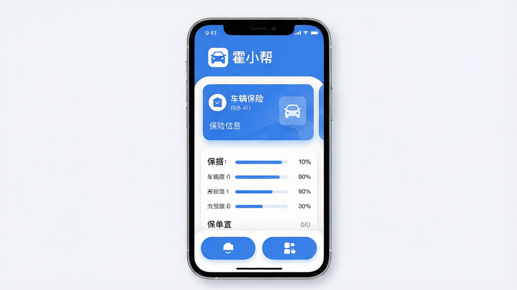 主体为一部智能手机居中放置,屏幕内展示车辆保险信息卡片与保单列表界面,布局采用上下分层结构,上方为软件名称“霍小帮”字样与车辆图标,中部为保险卡片与数据条目,下方为功能按钮区,排版简洁对称,风格为现代扁平化科技风,细节包含蓝色主色调、圆角卡片、清晰图标与柔和阴影,画质高清、干净、无多余元素