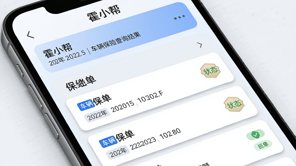 主体为手机屏幕特写,屏幕中显示“霍小帮”车辆保险查询结果页,布局为顶部车辆信息栏加中部保单卡片列表,排版左对齐信息条目,风格为清爽浅色商务风,细节包含蓝色标签、日期字段、状态徽章与阴影层次,画质清晰、干净、无多余元素