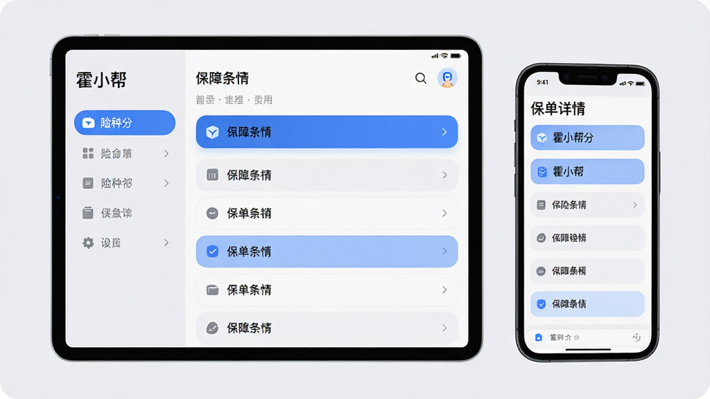 主体为平板设备与手机并排展示,屏幕内呈现“霍小帮”保单详情分层界面,布局为左侧险种分类导航、右侧保障条目列表,排版为网格与列表结合,风格为柔和圆角极简风,细节包含浅灰底色、蓝色高亮条目、分隔线与图标点缀,画质高清、干净、无多余元素