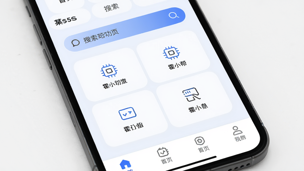 主体为手机界面功能宫格特写,屏幕中展示“霍小帮”首页功能入口布局,布局为顶部搜索栏加中部四宫格图标区加底部导航栏,排版整齐规整,风格为简约商务风,细节包含线性图标、浅色背景、蓝色强调色与留白间距,画质清晰、干净、无多余元素