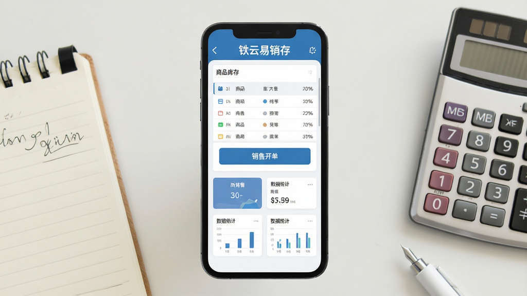手机屏幕居中展示一款进销存管理软件界面,界面顶部显示“铱云易销存”字样,屏幕内呈现商品库存列表、销售开单按钮与数据统计卡片,背景为浅色办公桌面,旁边放置记事本与计算器,整体布局简洁对称,风格为现代扁平化UI展示,细节清晰,画质干净,无多余元素