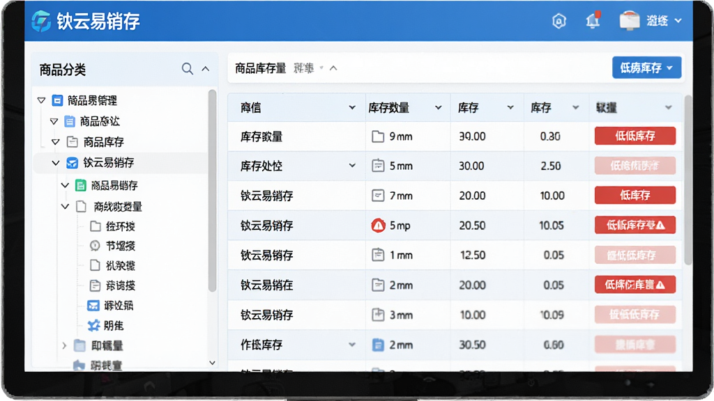 软件界面特写,画面中央为“铱云易销存”商品库存管理页面,左侧为商品分类树,右侧为库存数量表格与低库存红色提醒标识,界面配色以蓝白为主,风格清爽商务,细节清晰,画质干净,无多余元素