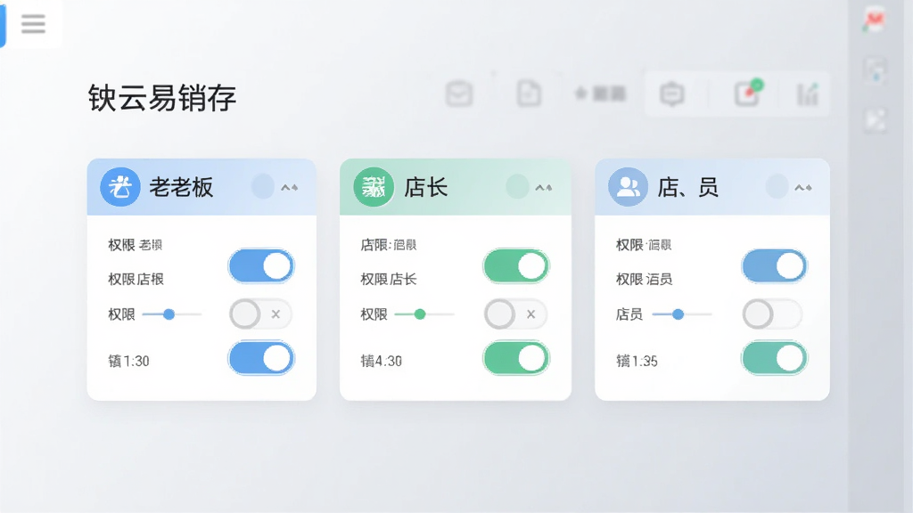 生图提示词:软件界面展示图,画面为“铱云易销存”角色权限设置页面,界面中列出老板、店长、店员三个角色卡片及对应权限开关,背景为浅灰渐变,风格简洁现代,细节清晰,画质干净,无多余元素
