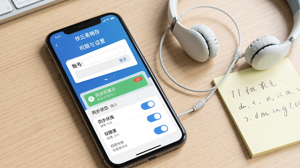 生图提示词:手机屏幕展示“铱云易销存”登录与权限设置界面,画面中包含账号登录框、同步状态提示条与权限开关列表,手机旁放置一副耳机与便签纸,背景为浅木色桌面,风格为生活化产品展示,细节清晰,画质干净,无多余元素