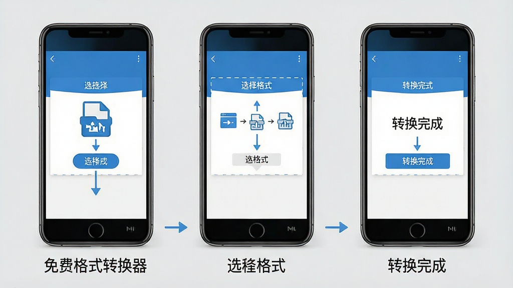 一张展示免费格式转换器新手操作步骤的示意图,画面以手机屏幕截图风格呈现,分为三个并排的手机界面,从左到右依次展示选择文件、选择格式、转换完成三个步骤,每个步骤下方配有简短的文字标注,整体配色以蓝白为主,风格简洁直观,画质清晰,背景为浅灰色,无杂乱元素。