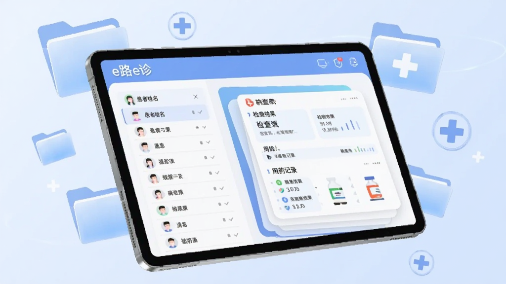 画面主体为一部横向放置的平板设备,屏幕中显示“e路e诊”患者档案界面,左侧为患者姓名列表,右侧为分层展示的病历信息卡片,包含检查结果与用药记录;设备悬浮在浅蓝色渐变背景之上,周围环绕若干半透明的文件夹图标与医疗十字符号;采用现代科技感扁平插画风格,线条简洁,配色清爽,画质干净无噪点,构图平衡,无多余元素