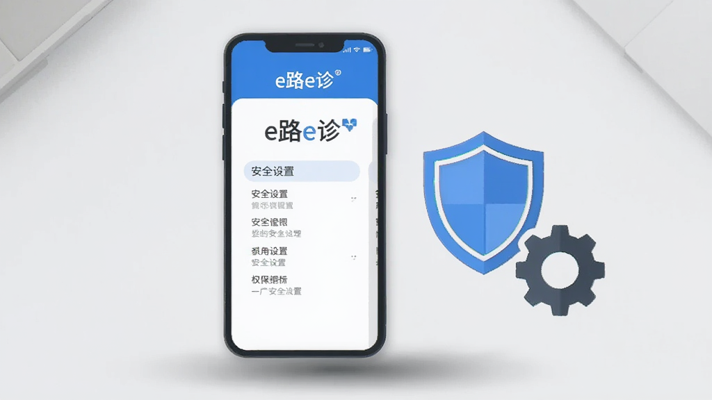 画面主体为一部手机屏幕显示“e路e诊”设置页面,旁边放置一个盾牌图标与齿轮图标,象征安全设置与权限管理;背景为浅灰色简洁桌面,手机下方有柔和阴影;采用扁平化信息图风格,配色以蓝色、白色和深灰色为主,画面干净整洁,画质清晰,构图居中,无多余元素