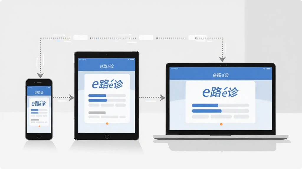 画面主体为手机、平板与笔记本电脑三台设备并排摆放,屏幕中均显示“e路e诊”界面元素,设备之间以虚线箭头相连,象征数据同步;背景为浅灰色极简空间,设备下方有淡淡的投影;采用简约商务插画风格,配色以蓝灰白为主,线条干净,画质清晰锐利,构图规整,无多余装饰