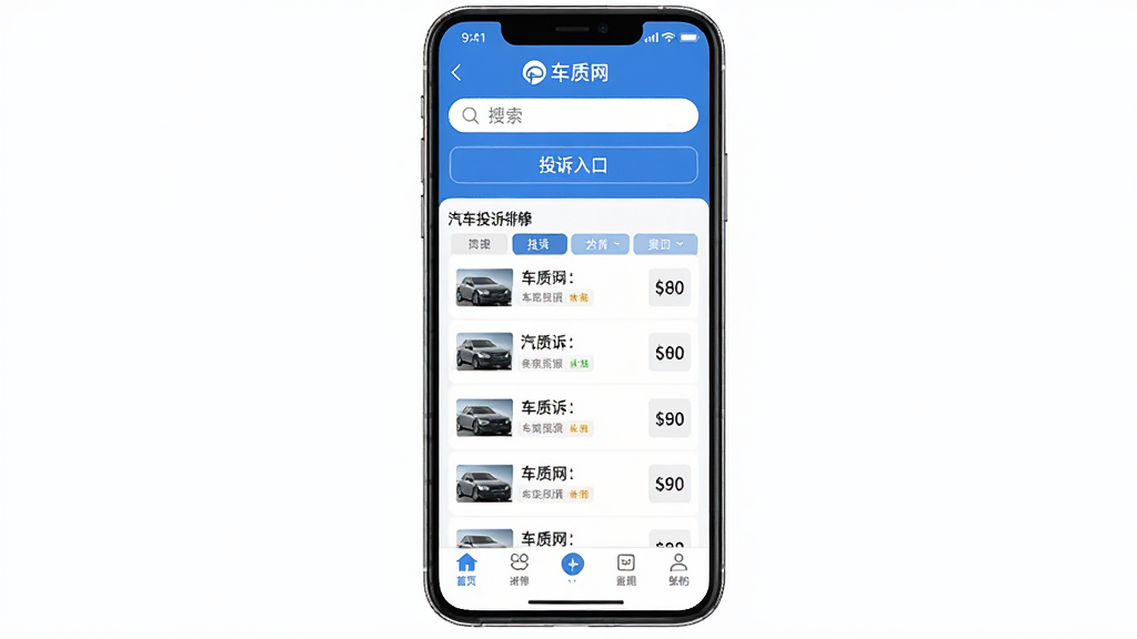 手机屏幕展示车质网应用主界面,顶部为搜索栏与投诉入口按钮,中部为汽车投诉排行榜列表,底部为导航菜单栏,界面采用蓝白配色,风格简洁专业,扁平化设计,高清画质,干净无多余元素