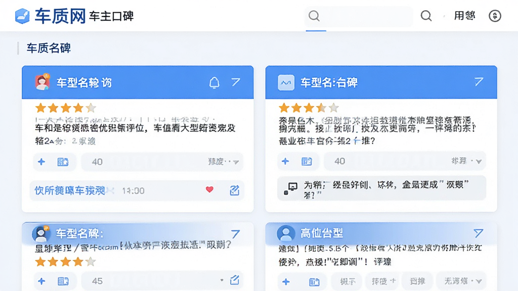 车质网车主口碑页面,展示多条用户评价卡片,包含车型名称、评分星级与文字评论,界面清爽,蓝白主色调,扁平化设计,高清画质,干净无多余元素