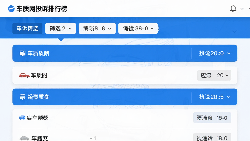 车质网投诉排行榜页面,列表展示多款车型名称与对应投诉数量,顶部有筛选标签,界面采用卡片式布局,蓝白配色,风格简洁,高清画质,干净无多余元素