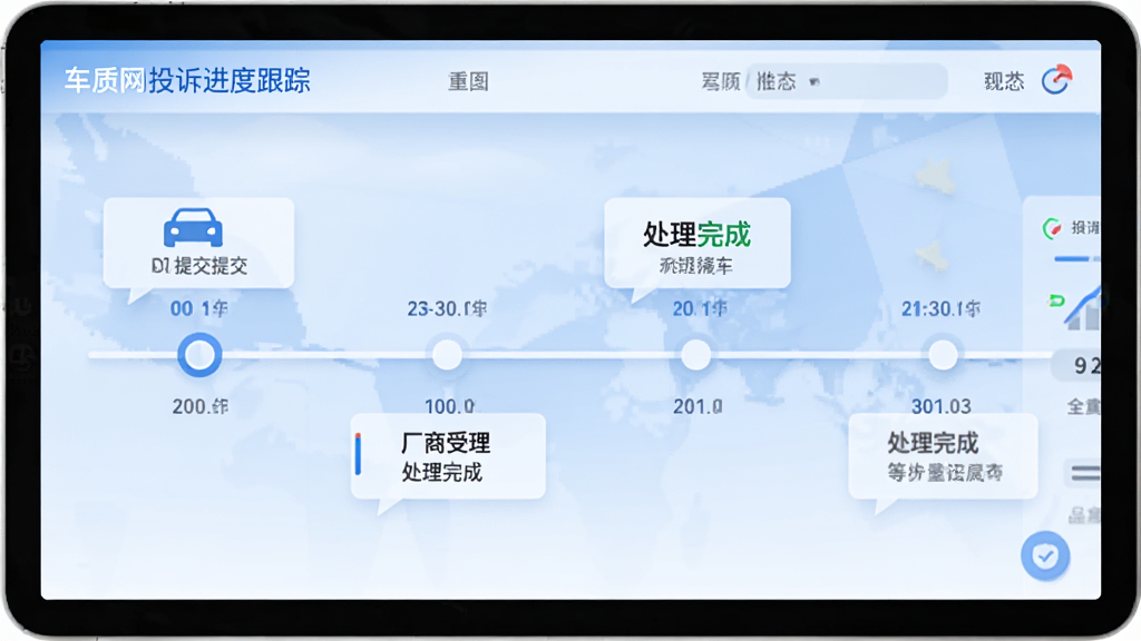 车质网投诉进度跟踪页面,时间轴形式展示投诉提交、厂商受理、处理完成等节点状态,界面简洁,蓝白配色,扁平化风格,高清画质,干净无多余元素