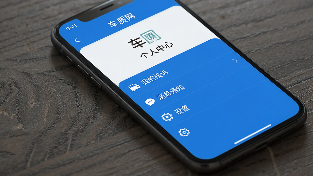 手机屏幕展示车质网应用个人中心页面,包含我的投诉、消息通知、设置等菜单项,界面蓝白配色,简洁清晰,扁平化设计,高清画质,干净无多余元素