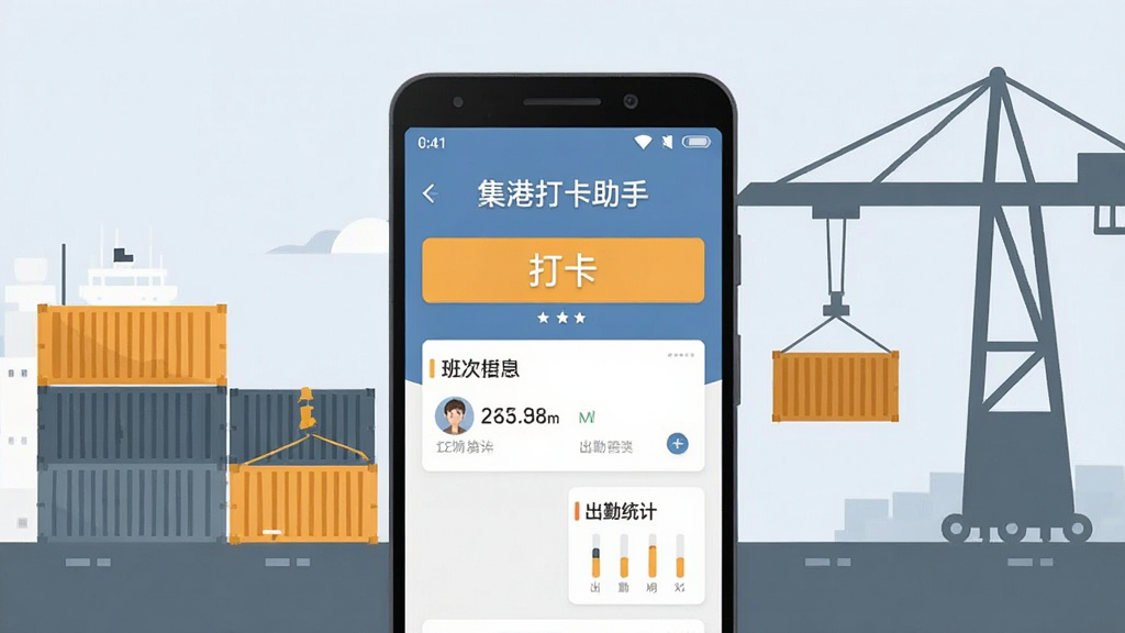 画面中央展示一部竖向摆放的安卓手机,手机屏幕内呈现“集港打卡助手”应用主界面,界面包含醒目的打卡按钮、班次信息卡片与出勤统计小模块,手机周围以简洁的港口集装箱与吊装设备剪影作为背景点缀,整体采用扁平化插画风格,色调以蓝灰与橙黄搭配,布局居中对齐,细节干净利落,画质清晰,无多余装饰元素