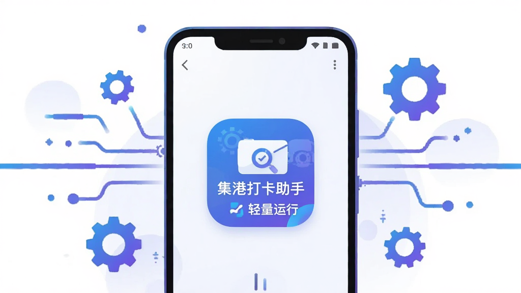 画面中央为一部安卓手机,屏幕显示“集港打卡助手”应用图标与轻量运行标识,手机四周漂浮着简约的数据流线条与齿轮图标,象征软件体积小、运行流畅的特点,采用科技感扁平插画风格,色调以蓝紫渐变搭配白色背景,构图居中对称,细节简洁,画质高清,画面干净
