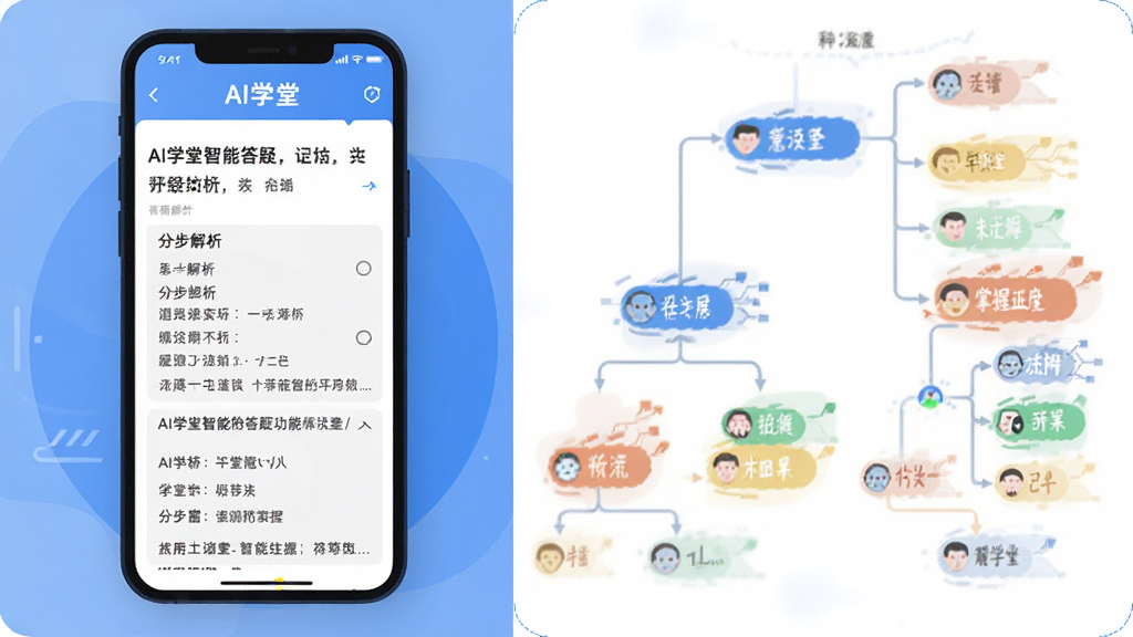 一张表现AI学堂智能答疑功能的示意图,画面左侧为手机屏幕显示题目与分步解析文字,右侧为放大的知识点结构树状图,节点用不同颜色区分掌握程度,整体排版左右分栏,风格为扁平化科技感插画,主色调为蓝白配,细节处有“AI学堂”文字标识,画质干净清晰