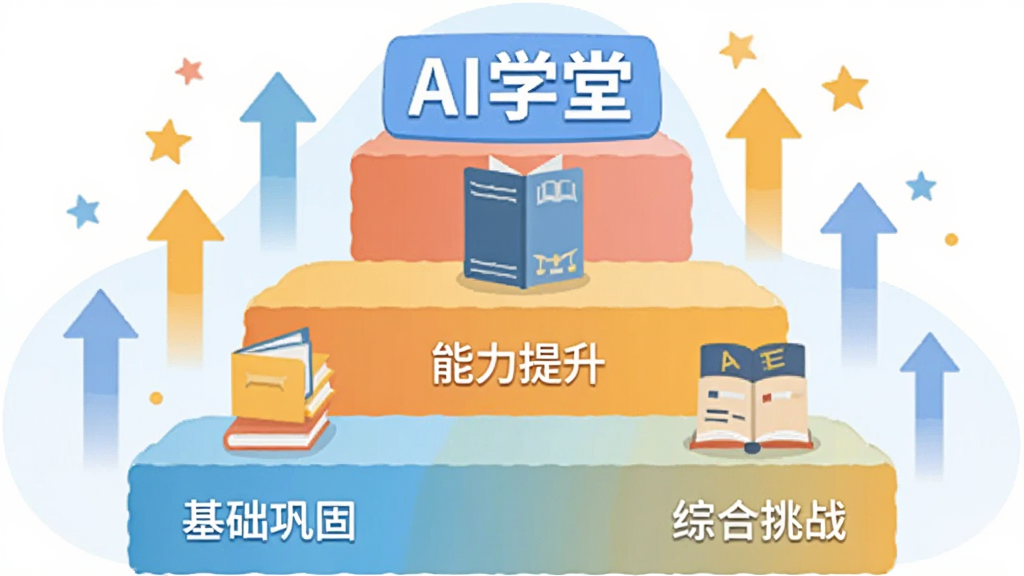 一张表现AI学堂多学科分级练习的插画,画面中央为三层阶梯状结构,每层放置不同学科的书本图标并标注“基础巩固”“能力提升”“综合挑战”,阶梯顶部有“AI学堂”字样,周围有向上的箭头与星星点缀,风格为扁平化教育类插画,配色明亮柔和,画质干净无杂乱