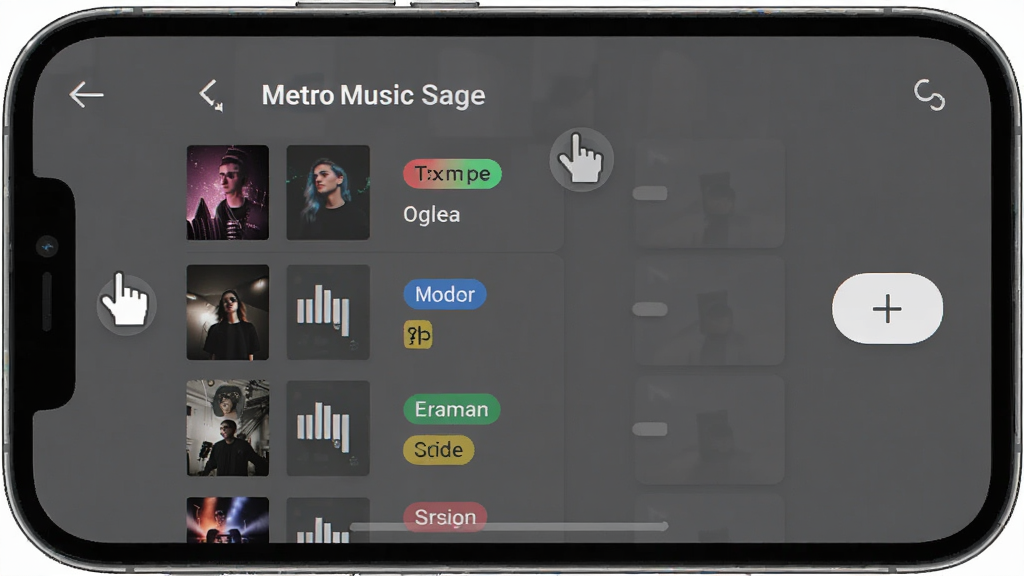 主体是 MetroMusic 歌单编辑界面,布局为手机屏幕展示可拖拽的歌曲列表和添加按钮,排版清晰,风格为 Metro 极简风,细节有拖拽手柄和彩色标签,画质干净高清