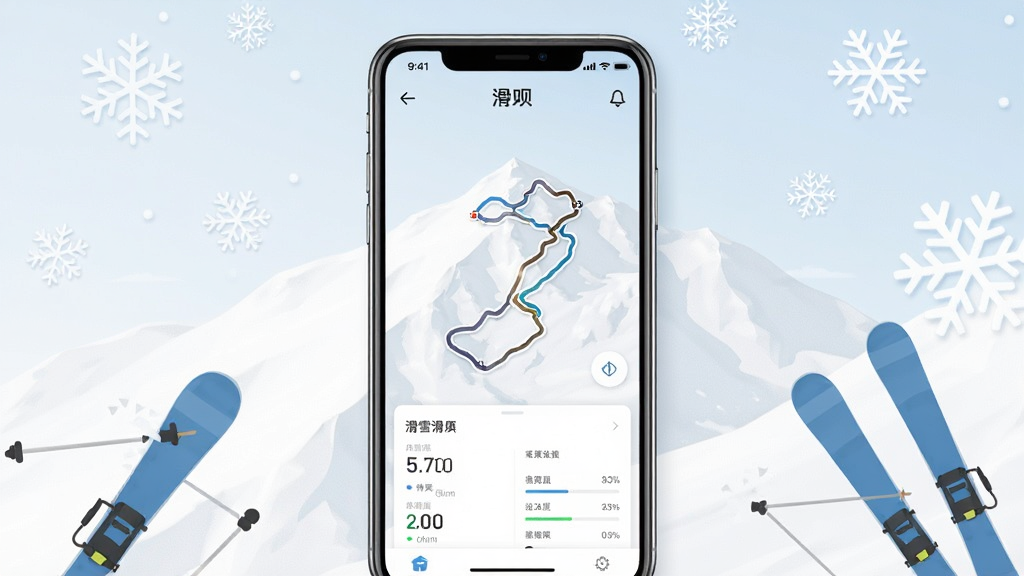 一张手机屏幕展示滑雪轨迹记录应用的界面,画面中央是白色雪山背景,手机屏幕上显示着滑呗应用的滑行轨迹路线图和数据面板,周围点缀着雪花和滑雪板元素,布局简洁居中,风格清爽现代,细节清晰,画质干净,无多余元素