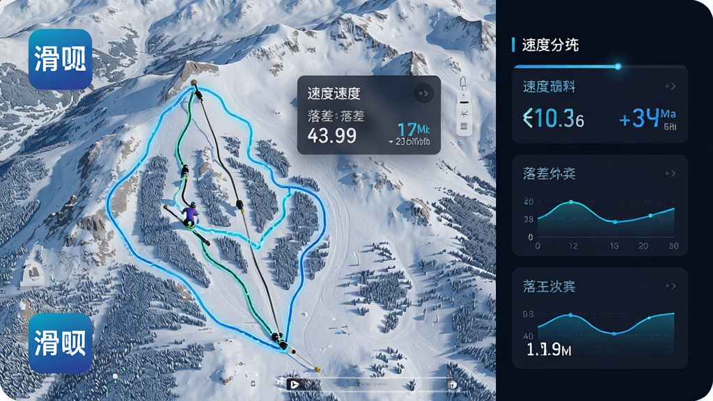 一张展示滑雪轨迹记录功能的画面,雪山俯视视角,地图上绘制着一条清晰的滑行轨迹线,旁边悬浮着速度与落差数据卡片,画面中出现滑呗应用图标,布局左图右数据,风格运动科技感,细节丰富,画质干净清晰