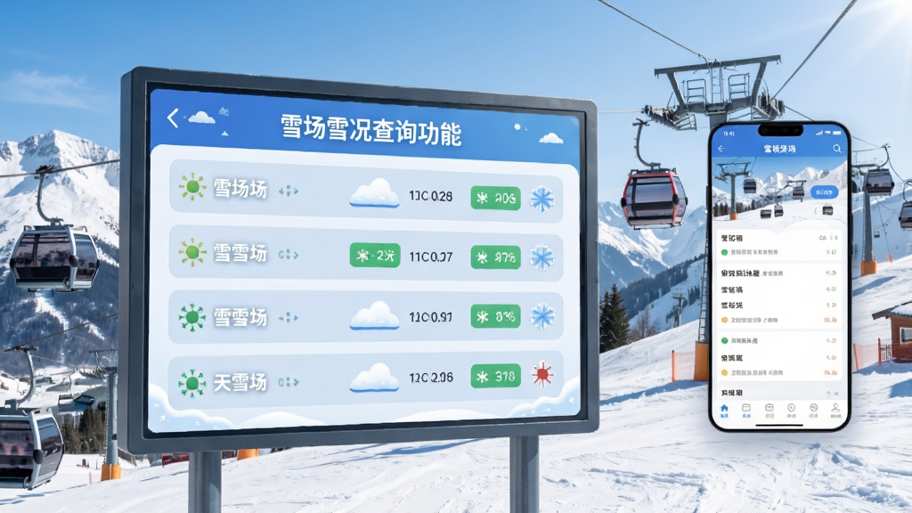 一张展示雪场雪况查询功能的画面,画面中是一块信息看板,上面排列着多个雪场的名称与雪况图标,背景是雪山与缆车,滑呗应用界面悬浮在画面一侧,布局信息看板居中,风格清新明亮,细节清楚,画质干净,无多余元素