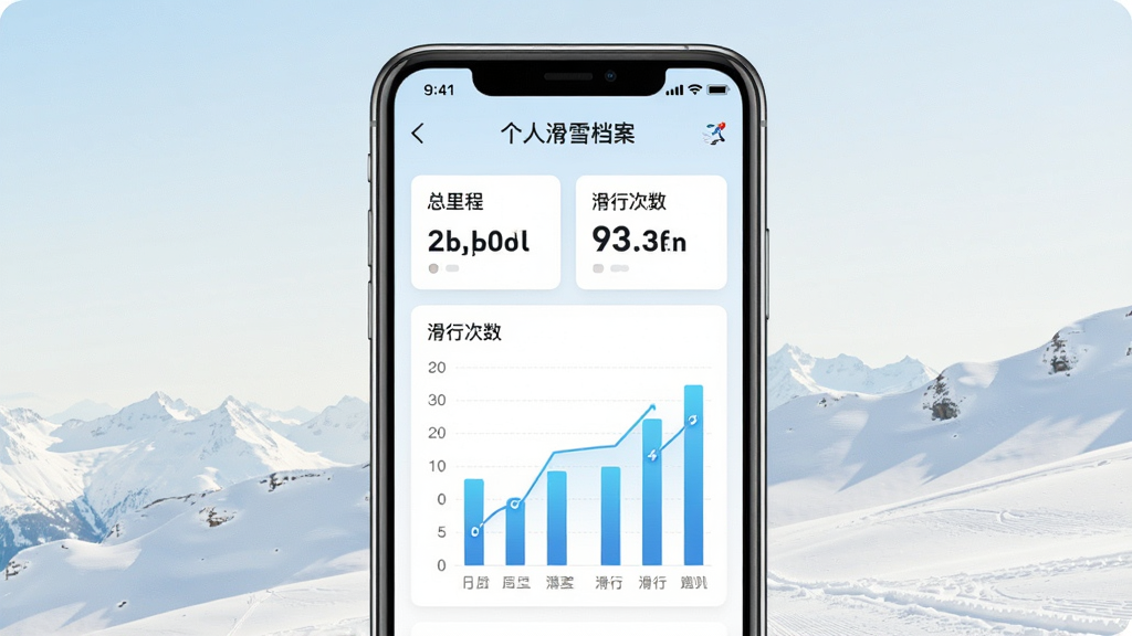 一张展示滑行数据统计功能的画面,手机屏幕上是滑呗的个人滑雪档案页面,显示总里程、总落差与滑行次数等数据图表,背景为浅色雪山渐变,布局手机居中,风格简洁数据化,细节清晰,画质干净