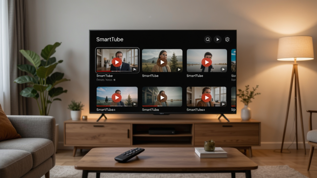 主体为客厅中的智能电视屏幕,屏幕中央展示SmartTube应用界面,界面包含视频缩略图与播放按钮,布局为电视居中、遥控器放在茶几上,排版简洁大气,风格为现代家居写实风,细节包含沙发、绿植与暖色灯光,画质高清、画面干净、无多余元素