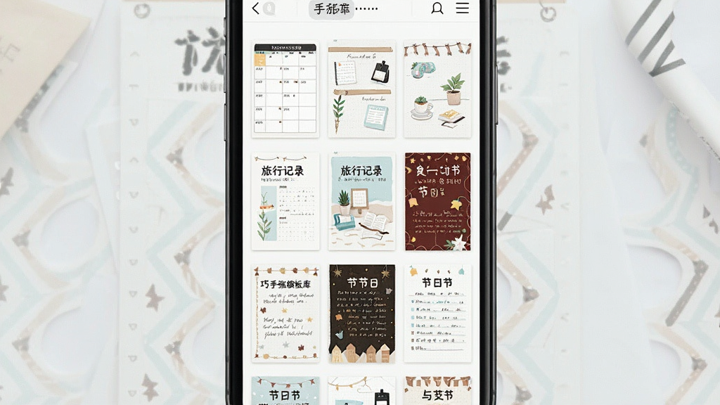一张展示巧思手账模板库界面的图片,画面为手机屏幕特写,屏幕内以网格形式排列多张不同风格的手账模板缩略图,包含日程表、旅行记录与节日主题,布局为居中展示,风格简洁清新,细节清晰,画质干净,无多余元素