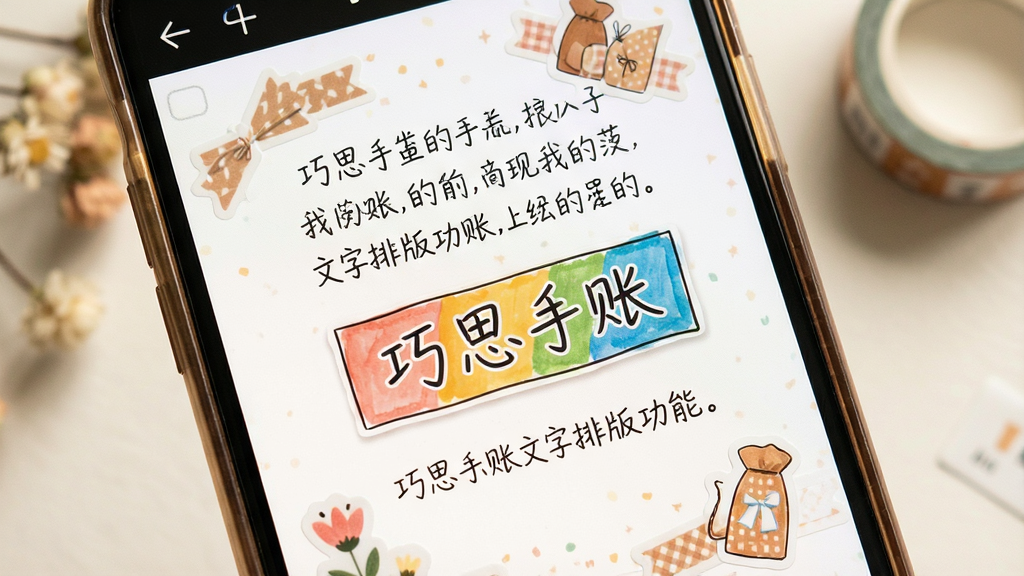 一张展示巧思手账文字排版功能的图片,画面为手机编辑界面特写,屏幕内显示一段手写风格文字与彩色标题框,周围环绕贴纸装饰,布局为居中构图,风格温馨文艺,细节清晰,画质干净,无多余元素