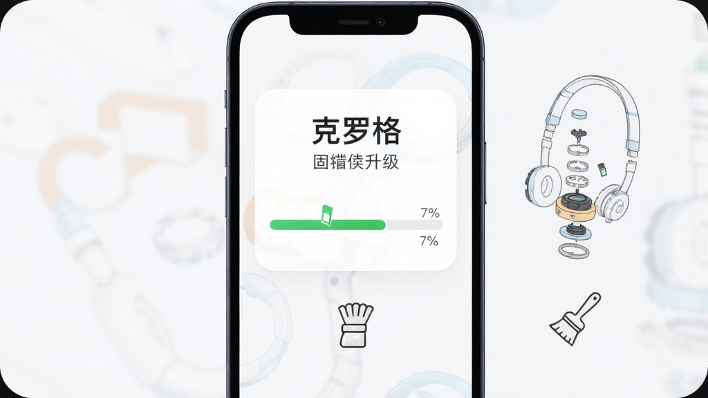 手机屏幕显示“克罗格”固件升级页面,进度条推进至百分之七十,旁边有耳机结构分解示意图与清洁刷小图标,布局为居中纵向构图,风格为简约信息图风格,细节包括浅色背景、圆角卡片与细腻线条图标,画质高清,画面干净,无多余元素