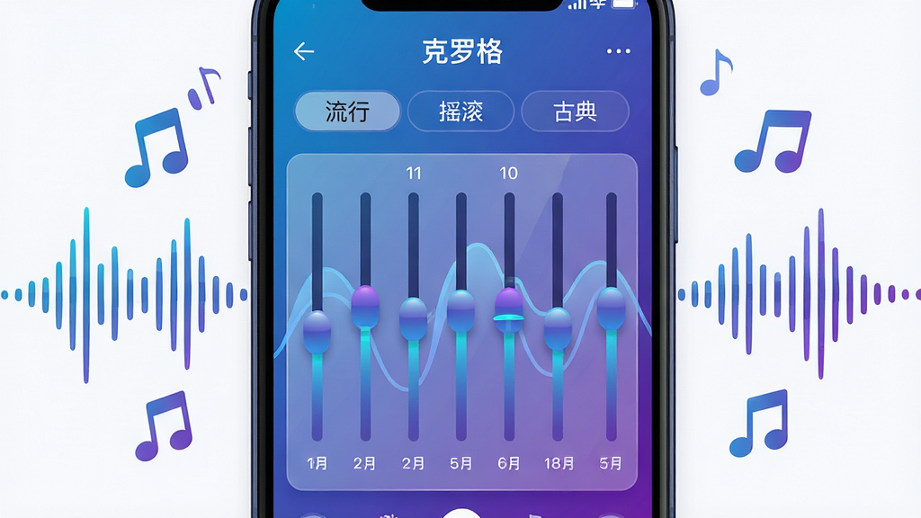 手机屏幕显示“克罗格”音效调节界面,十段均衡器滑块呈波浪状排列,上方有流行、摇滚、古典等风格标签,屏幕周围环绕跳动的音符与声波线条,布局为居中特写构图,风格为科技感扁平插画,细节包括渐变蓝紫色调、发光滑块与半透明面板,画质高清,画面干净,无多余元素