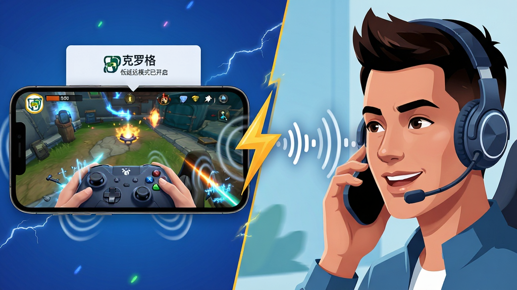 分屏构图,左侧为手机横屏游戏画面并显示“克罗格”低延迟模式已开启的悬浮提示,右侧为人物佩戴耳机通话的场景,中间以闪电与声波符号连接,布局为左右对比式构图,风格为动感科技插画,细节包括游戏光效、降噪波纹与耳麦轮廓,画质清晰,画面干净,无多余元素