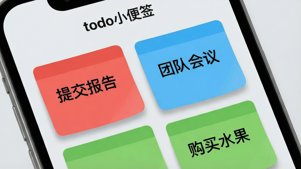 一张展示手机应用界面的特写图片,画面中“todo小便签”应用内排列着多张不同颜色的便签卡片,红色卡片上写着“提交报告”,蓝色卡片上写着“团队会议”,绿色卡片上写着“购买水果”,每张卡片带有圆角设计和轻微阴影,背景为浅灰色,界面顶部有“todo小便签”文字标识,整体风格清新明快,画质细腻,干净无多余元素