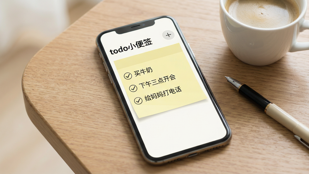 一张展示智能手机屏幕的写实风格图片,屏幕中央显示着一款名为“todo小便签”的极简待办应用界面,界面以淡黄色便签纸为背景,上面整齐排列着几条待办事项,如“买牛奶”、“下午三点开会”、“给妈妈打电话”,每条待办前有一个圆形复选框,部分已勾选,右上角有一个加号按钮,手机放置在木质桌面上,旁边有一杯咖啡和一支笔,整体光线柔和明亮,风格清新简洁,画质清晰,干净无多余元素