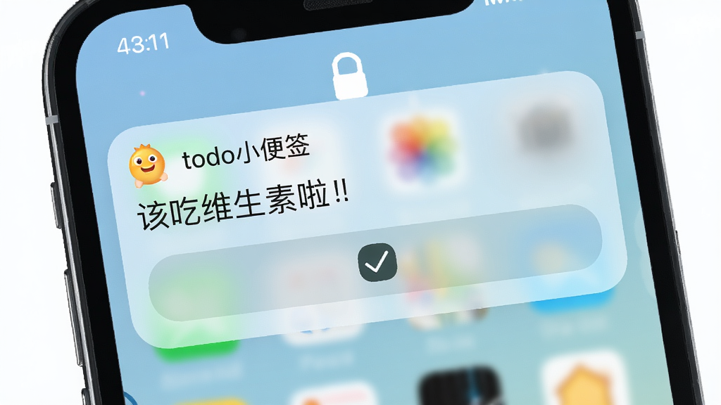 一张展示手机弹出提醒通知的图片,手机屏幕上方显示一条来自“todo小便签”的通知横幅,通知内容为“该吃维生素啦!”,下方有一个勾选完成的按钮,通知横幅采用圆角卡片设计,背景为手机锁屏界面,锁屏壁纸为淡蓝色渐变,整体画面干净整洁,画质清晰,风格写实
